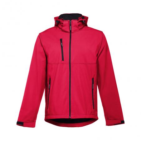 Mens softshell jacket with detachable hood and rounded back hem. Red. S Thc zagreb ii